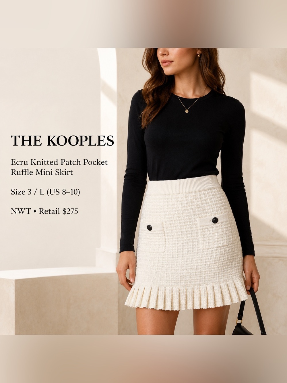 The Kooples Ecru Knitted
Patch Pocket Ruffle Mini Skirt Size
3 L(US 8-10) NWT